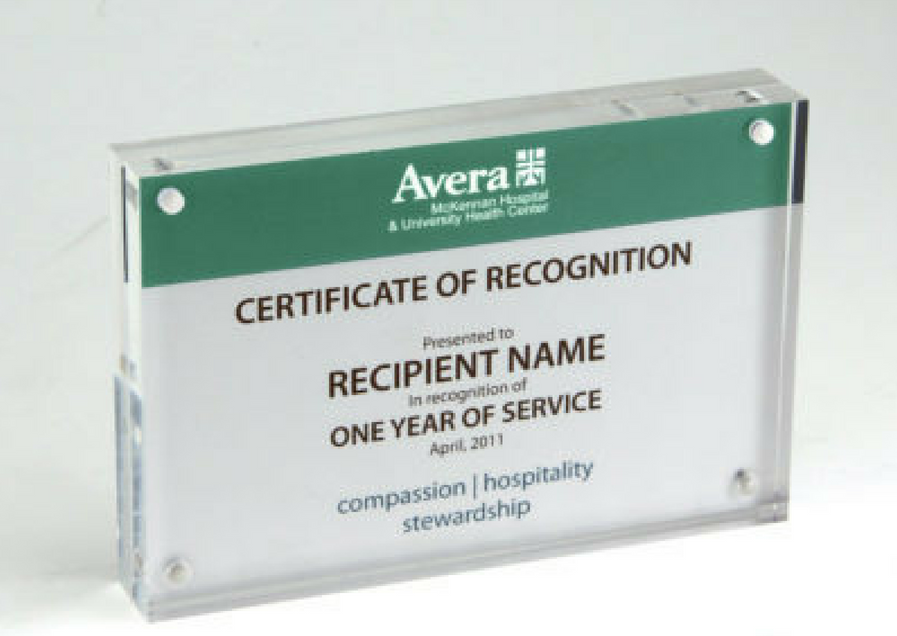 Avera Certificate of Recognition Award